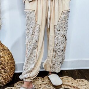 POL Bohemian Lace Detail Cream Pants